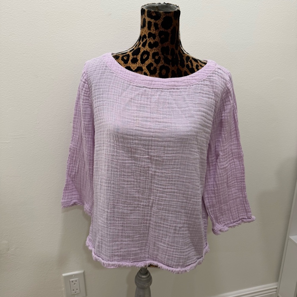 Eileen Fisher Malow Shirt Gauze Organic Cotton 3/4 Sleeve Fringe Top Sz M